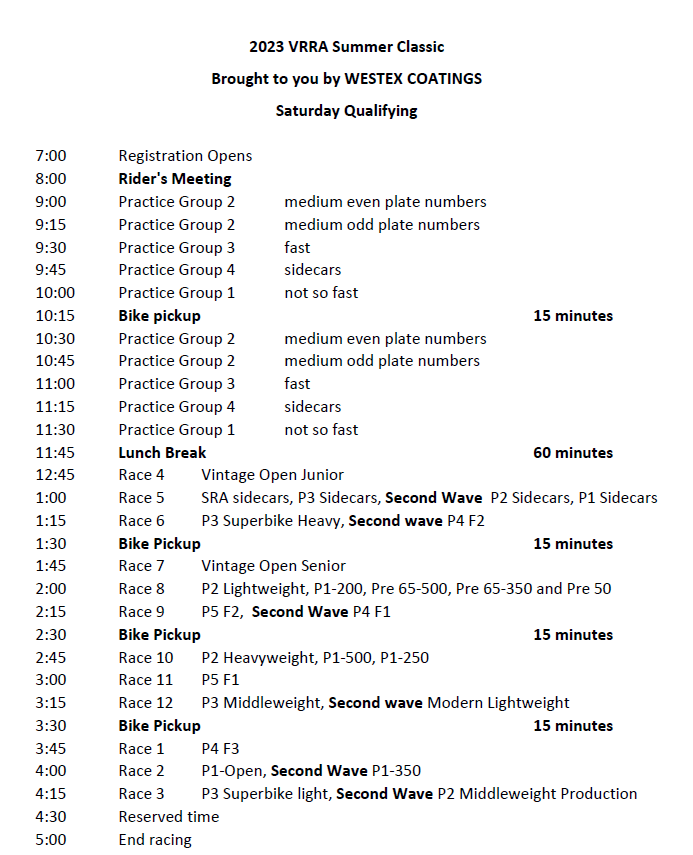 Summer Classic Schedule - Vintage Road Racing Association